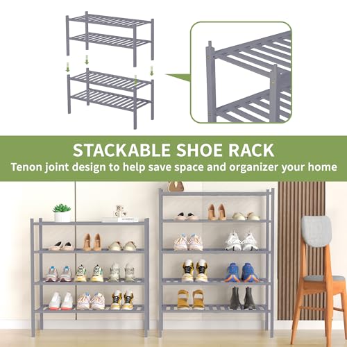 4 Tier Bamboo Shoe Rack for Closet Free Standing Wood Shoe Shelf for Entryway Small Space Stackable 27"x11"x26" (Grey)
