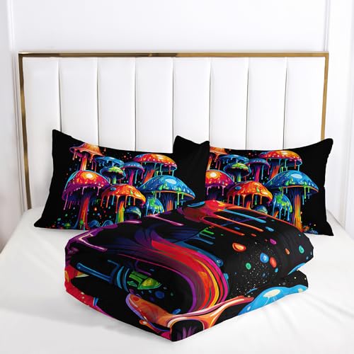 Image of AILONEN 3D Oil Painting Mushroom Comforter Set Queen Size - 3 Pieces With Quilt and 2 Pillowcases for Boys Girls Room Decor, Cartoon Bedding Set