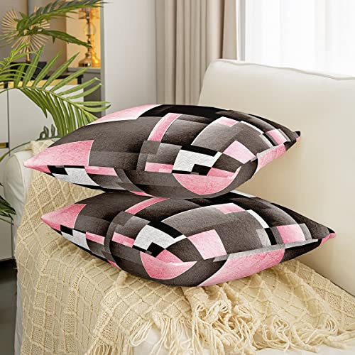 Loussiesd Pink Grey Black Buffalo Check Reversible Throw Pillow Covers Kids Geometric Pillow Covers Home Decor for Square Cushion Covers Set of 2 Plaid Modern Abstract Art 16x16 Inch - Image 3