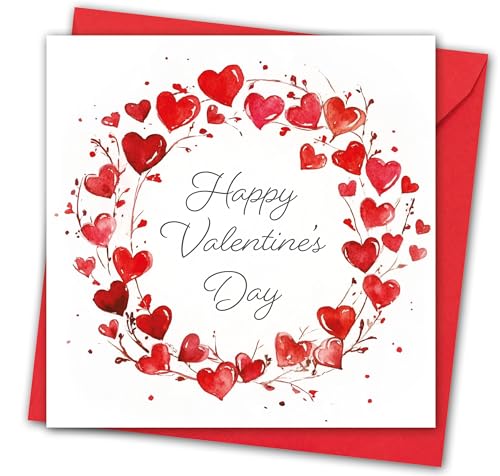 Valentines Card. Wreath Design. Eco-friendly. 148mm Square. Valentines Card with Red Envelope. Made in UK