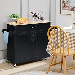 COSTWAY Kitchen Island Cart, Rolling Storage Trolley Cart with Lockable Rubber Wheels, Large Cabinet, Drawer, Spice Rack and Towel Rack, Kitchen Serving Utility, 3-Position Adjustable Shelf (Black) COSTWAY Kitchen Island Cart Rolling Storage Trolley Cart with Lockable Rubber Wheels Large Cabinet Drawer Spice Rack and Towel Rack Kitchen Serving Utility 3 Position Adjustable Shelf Black