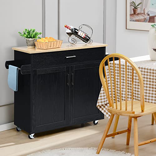 COSTWAY-Kitchen-Island-Cart-Rolling-Storage-Trolley-Cart-with-Lockable-Rubber-Wheels-Large-Cabinet-Drawer-Spice-Rack-and-Towel-Rack-Kitchen-Serving-Utility-3-Position-Adjustable-Shelf-Black COSTWAY Kitchen Island Cart Rolling Storage Trolley Cart with Lockable Rubber Wheels Large Cabinet Drawer Spice Rack and Towel Rack Kitchen Serving Utility 3 Position Adjustable Shelf Black