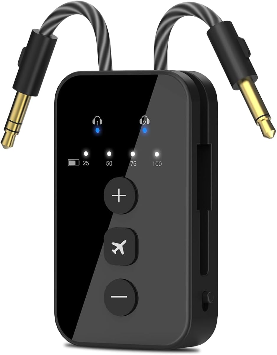 iDIGMALL Airplane Bluetooth 5.4 Transmitter for 2 AirPods or Headphones, aptX Adaptive &amp; Low Latency Wireless Audio Adapter, 3.5mm AUX Jack Bluetooth Transmitter for TV Flight Travel Planes Gym, 24H