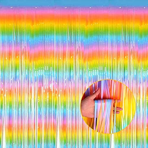 Image of 4 Pack Macaron Rainbow Foil Fringe Curtain Backdrop, 3.28Ft x 8.2Ft Metallic Tinsel Foil Fringe Streamer Curtains for Photo Booth, Birthday, Wedding, New Year's, Easter Decorations Party Supplies