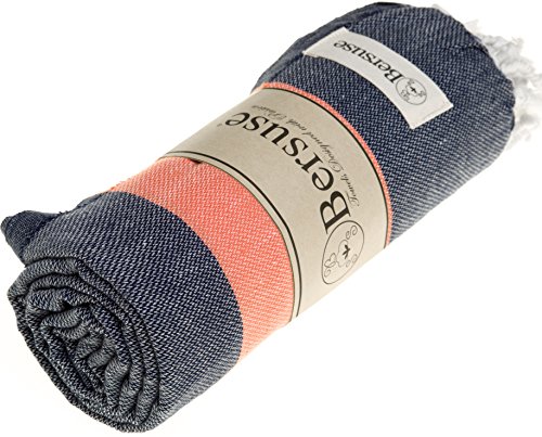 Bersuse 100% Cotton Cayman Turkish Towel - 37X70 Inches, Dark Blue/Orange #TOP14