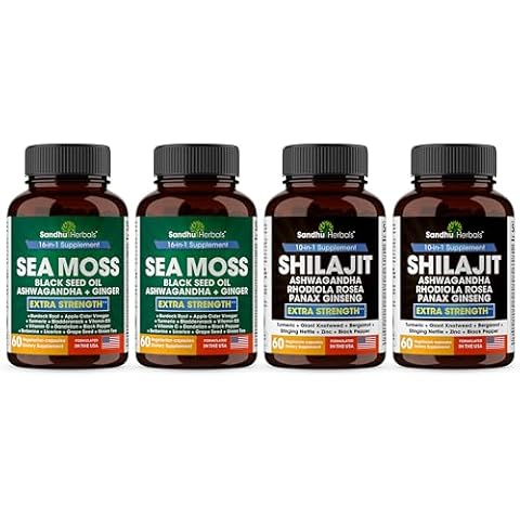 Sandhu Herbals Bundle - Sea Moss 8000mg (Pack of 2),Shilajit 18000mg (Pack of 2),Black Seed Oil 5000mg,Ashwagandha 2000mg,Ginger, Rhodiola Rosea 1000mg,Panax Ginseng 1500mg Stinging Nettle 100mg Cover