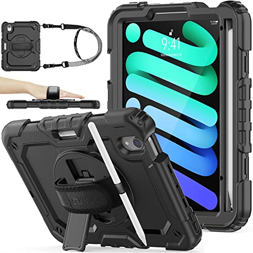 SEYMAC stock Coque iPad Mini 6 2021 8,3 Pouces, Coque de Protection avec Protecteur D'écran Porte-Crayon [Béquille Rotative à 360 Degrés] Dragonne & Bandoulière pour iPad Mini 6eme Generation (Noir)