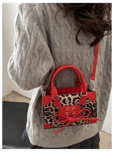 Image of RoseSeek Women's Y2K Leopard Print Lace Up Satchel Handbag Zipper Double Handle Mini Shoulder Bag