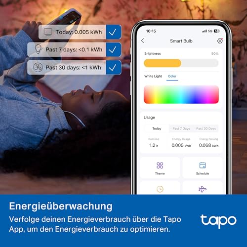 Tapo L430C Smarte WLAN Glühbirne E14, 470 Lumen, 16 Mio. Farben, dimmbar, Zeitplan & Timer, Energieüberwachung, Kompatibel mit Alexa… – Ansicht 9