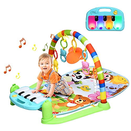 GOPLUS Tapis d’Éveil Musical pour Bébé 0-36 Mois avec Arche de Jeu, 5 Jouets Amovibles, Clavier de Piano Pivotant, Tapis de Jeux Coloré pour Enfants avec Lumières et Musique, 79 x 60 x 43CM (Vert)