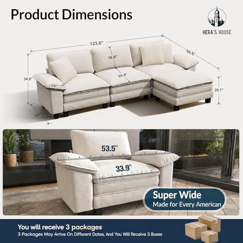 Image of HERA'S HOUSE 124 inch Oversized Modular Sectional L Shaped Sofa,Chenille Beige | 4-Seater Living Room Couches, Wider Armrest and Deep Seat, Comfy Cloud Couch with Ottoman, Wood Sturdy Frame