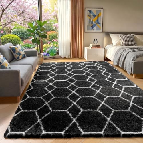 Image of Area Rugs for Living Room, 5x8 Fluffy Black and White Bedroom Geometric Rug