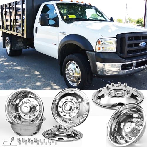 Image of 19.5 inch Dually Steel Wheel Simulators fit for 2005-2022 F450 /F550 Super Duty 2WD /4WD Truck, 4pcs Polished Stainless Steel Wheel Covers 10 Lug Bolt on HubCaps 19F10