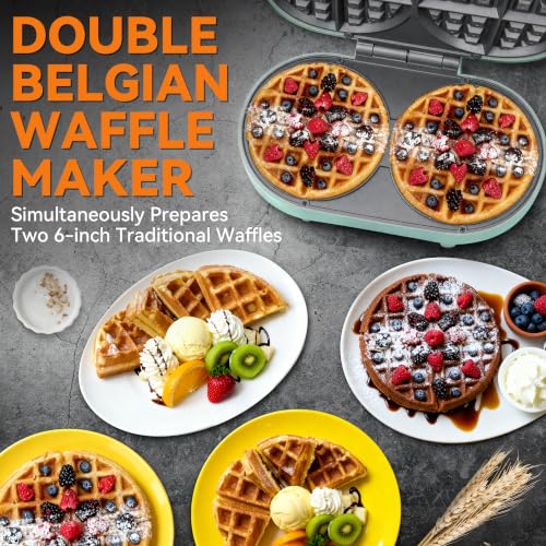 Image of Baker's Friend Double Belgian Waffle Maker Thick, 2 X 6 inch Round Waffle Maker, Belgium Waffle Iron, Waflera Electrica with Non-stick Plates, 1200W, Perfect for Kids & Family Breakfast, Aqua