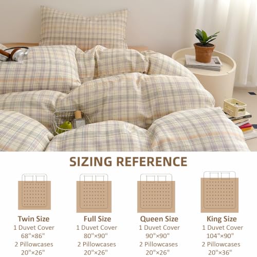 Image of EAVD Grid Plaid Duvet Cover Queen Green Blue Purple Gingham Duvet Cover Set | Soft Muslin Cotton 3-Piece Reversible Gingham Duvet Cover with Zipper Closure Geometric Pattern with 2 Pillowcases All-Season