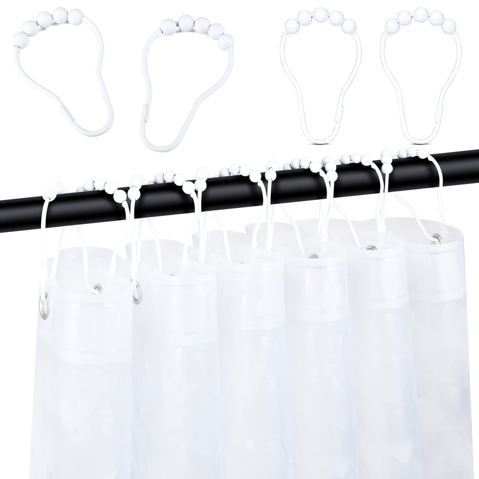 Crochets de rideau de douche, anneaux de rideau de douche, crochets de douche en acier inoxydable antirouille pour tringles à rideaux de douche, cadre blanc, anneaux à boule