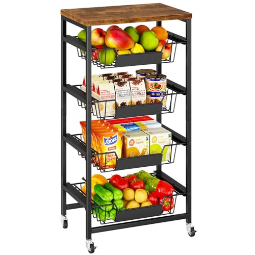 IBUYKE Carrello da Cucina con Cassetti,Carrello Multiuso con Cestino per Frutta e Piano in Legno,Carrello con Ruote per Camera da Letto,Dispensa,Ufficio,Marrone TLJ026H