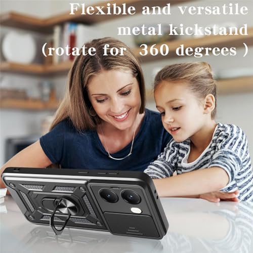 Image of Heavy Duty Back Case Cover for Poco X7 Pro 5G, Shockproof Poco X7 Pro Back Cover, Ring Case with Kickstand and Camera Protection Shutter - Black