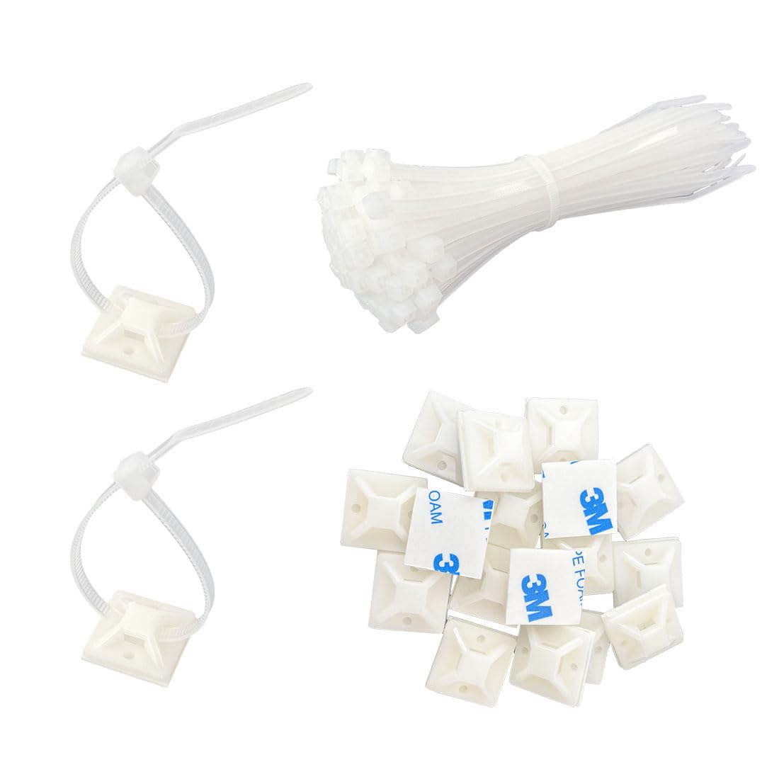 Small Self-Adhesive Cable Tie Bases 25 x 25 mm and Cable Ties 200 mm Each 100 Pieces White, Cable Clamp Mounting Base Holder for Home and Office Cable Management