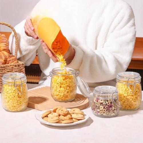 Image of ginoya brothers Lining Textured Airtight Glass Storage Jar with Clip Lock Lid - Kitchen & Pantry Organizer, Multiple Sizes For Dry Food, pickles, beans, cookies (5, 750 ML)
