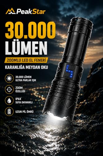 PeakStar PS-1998 Ultra Parlak Su Geçirmez Zoomlu Güçlü 200w 30000 Lümen Şarjlı Bekçi Avcı Kamp El Feneri