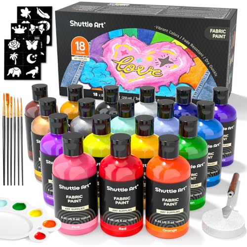 Shuttle Art 18 Colors Fabric Paint, 250ml/8.45oz, Permanent Soft Fabric Paint in Bottles with Brushes, Palette, Stencils, Non-Toxic Textile Paint for T-Shirts, Shoes, Jeans, Bags, DIY Projec