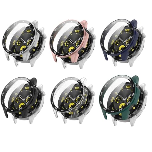 6 Pack Hard PC Case with Tempered Glass Screen Protector Compatible with Huawei Watch GT4 46MM Watch Bumper Guard Protective Cover with Hour Marker Touch Sensitive Film