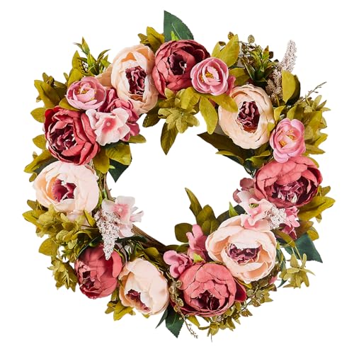 VEVOR Spring Wreath for Front Door 19 Inch - Artificial Peony Floral Wreath with Greenery, Year-Round All Season Outdoor Indoor Decor
