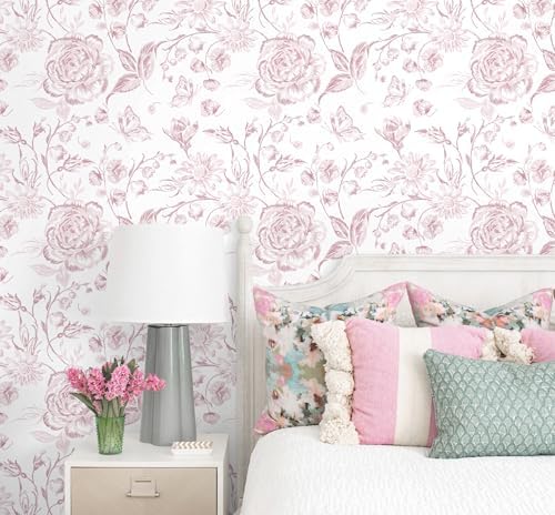 Yasinet Floral Peel and Stick Wallpaper Pink Floral Wallpaper Boho Pink Contact Paper for Bedroom/Cabinets Vintage Flower Warerproof Removable Self-Adhesive Wall Paper Vinly 17.3