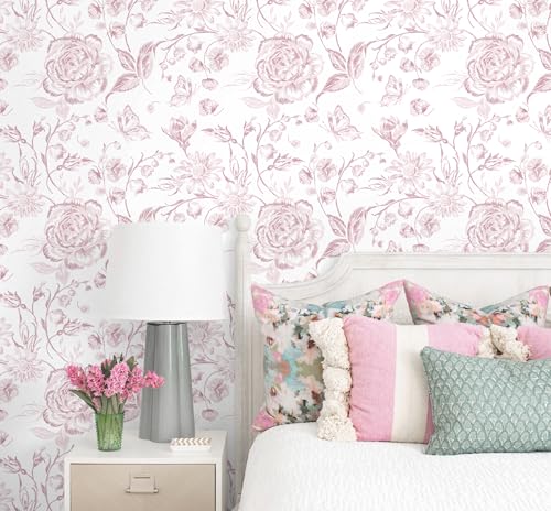 Yasinet Pink Floral Wallpaper Boho Peel and Stick Wallpaper Pink and White Contact Paper for Girl Nursery Bedroom Cabinets Farmhouse Flower Warerproof Removable Self-Adhesive Wall Paper 17.3"×118'' - image 1