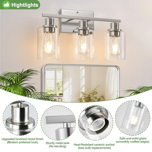 Image of Indoi 3-Light Bathroom Light Fixtures, Brushed Nickel Modern Vanity Lights with Clear Glass Shades, Bathroom Wall Lamp for Mirror Living Room Cabinet Bedroom Porch
