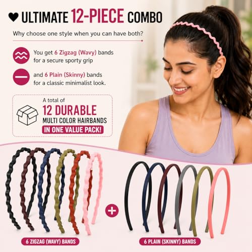 Image of 12 Pcs Hair Band Combo for Men & Women - 6 Zigzag Shark Tooth + 6 Plain Skinny Headbands | Non-Slip Sports Hair Bands for Gym, Running, Face Wash & Daily Use | Hair Hoops for Girls & Boys
