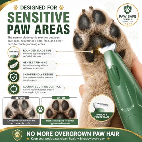 Image of AJIGNA MART Pet Paw Trimmer for Dogs & Cats, Professional Pets Grooming Clipper with LED Light, USB Rechargeable Cordless Low Noise Pet Hair Trimmer for Paw Pads, Face, Eyes, Ears & Sanitary Areas
