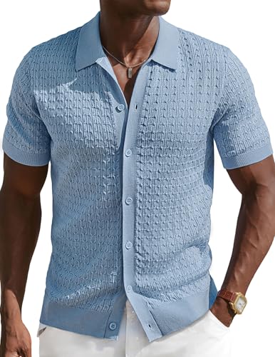 PJ PAUL JONES White Polo Shirts for Men Casual Golf Polo Shirts Knit Textured Summer Polo T Shirts Light Blue L