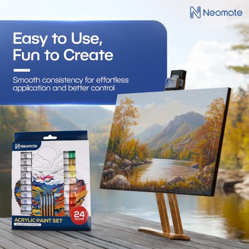 Image of Neomate Acrylic Paint Set - 24 Premium Acrylic Paint Tubes with 4 Brushes - Vibrant, Non-Toxic Pigments for Canvas, Glass, Plastic, Rocks, Arts and Crafts