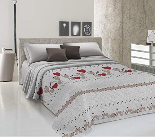 HomeLife Printemps Eté Couvre-lit Double [260x280] Fabriqué en Italie | Jetée de lit Double Fantaisie Chatons et Coeurs en Coton | Drap de lit léger |