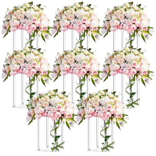 Geetery 8 Pieces Tall Acrylic Vase Wedding Centerpieces Clear Flower Stand Column Geometric Floral Vase Elegant Display Holder for Birthday Party Wedding Table Decorations (12 Inch)