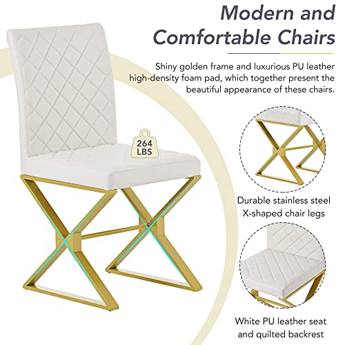 Bedgjh 7 Piece Dining Table Set, Rectangular Marble Texture Kitchen Table And 6 Pu Leather Chairs With X-Shaped Gold Steel Legs, Dining Room Table Set For 6 (White+Gold) #TOP3