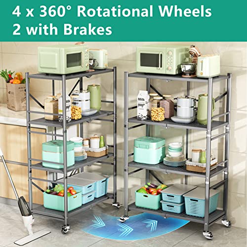4-Tier Storage Shelves For Storage,Foldable Collapsible Metal Shelving With Rotational Wheels, Standing Storage Unit Utility Shelf Racks Rolling Cart For Laundry Bathroom Kitchen Pantry Closet, Grey #TOP3