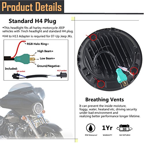 ROCCS Harley 7" RGB LED Halo Headlight, Dot Approved 7inch Headlamp fits Motorcycle Tour FLD Softail Heritage Softail Street Glide Electra Glide Road King Yamaha V-Star Road Star Wrangler - Thumbnail 5