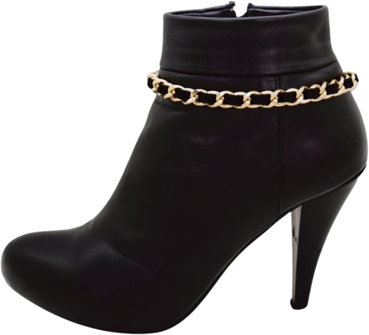 Women’s Gold Tone Boot Chain Bracelets Pair, Black Inlay Link Strap, Adjustable 11–15 In, Night Out Shoe Anklet Jewelry For Booties & Heels, 2PCS (BC100)