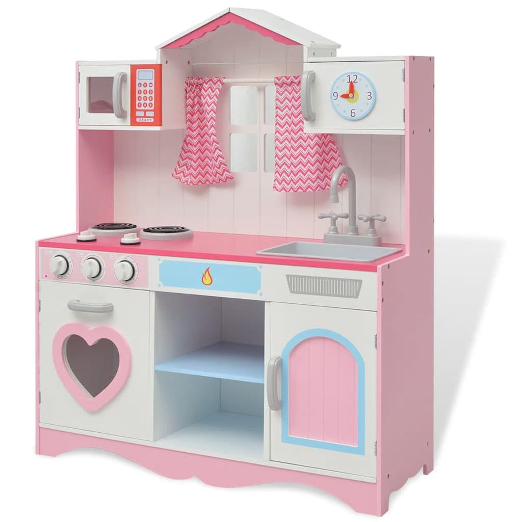 Spielzeugküche Holz 82x30x100 cm Rosa Weiß Kinderküche mit Herd Spüle Backofen Zubehör Rollenspiel für Mädchen und Jungen im Kinderzimmer Garten oder Outdoor geeignet
