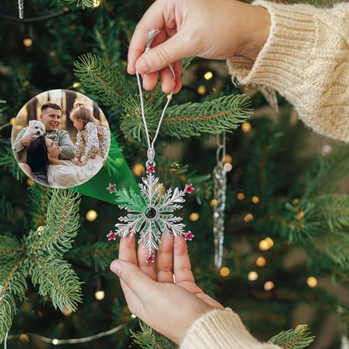 Personalized Snowflake Photo Ornament, Custom Memorial Photo Inside Ornaments, Christmas Hanging Snowflakes Home Decor for Family Xmas Party, Silver & Green Projection Pendant 2025