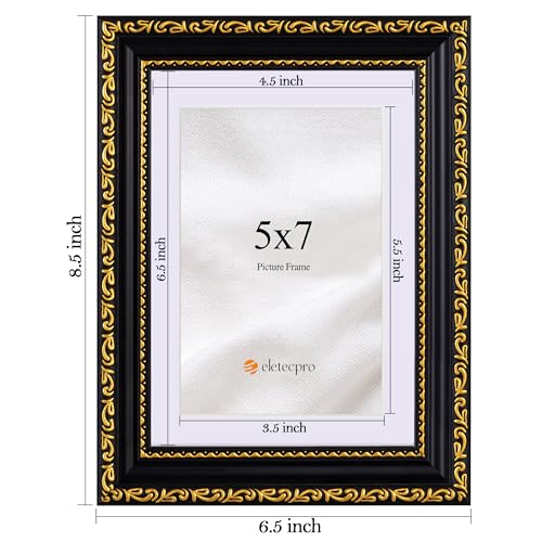 Image of eletecpro 5x7 Vintage Picture Frame, Glass Cover, Black Gold, 2-Pack | Display Photo 4x6 with Mat or 5x7 without, Horizontal or Vertical, Tabletop or Wall Decor