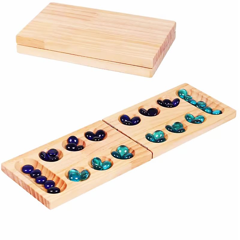 Mancala Board Game - Stone Game - Kalaha - Strategy Game Thickened Natural Wood + Beautiful Colourful Stones + Storage Bag Intelligence Game Suitable for Friends, Family and Children