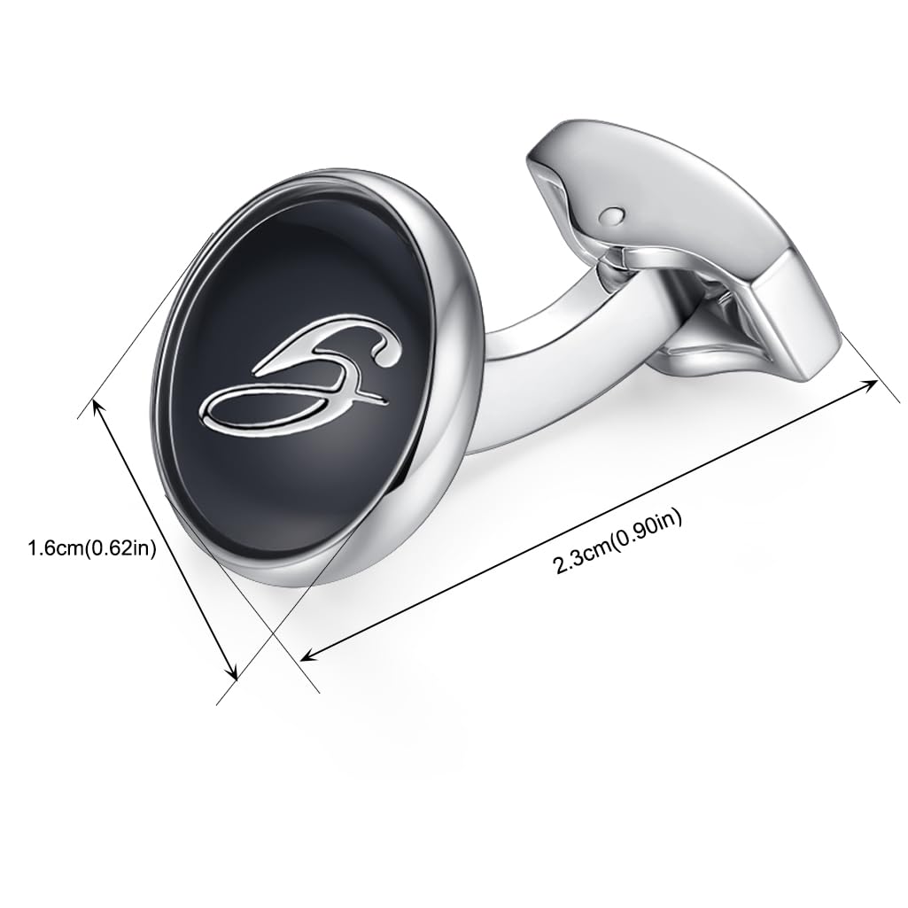 HONEY BEAR Initial Alphabet Letter Cufflinks Tie Clip Set for Mens Black Round Stainless Steel for Business Wedding Gift A to Z