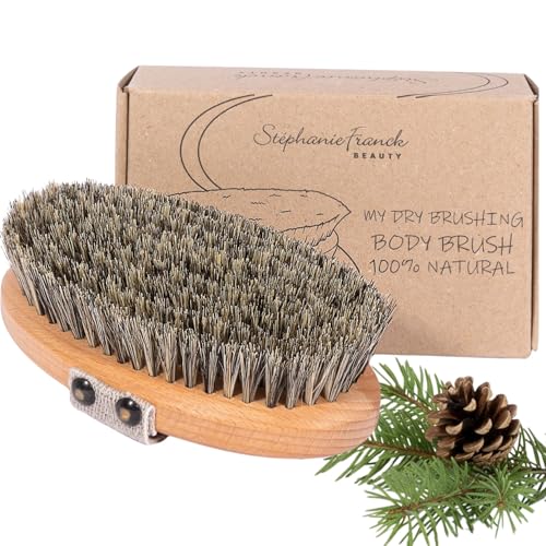 Cepillo de masaje seco del cuerpo de Stephanie Franck Beauty, de Crin de Caballo, fibra natural de Tampico y Madera de Haya, sin Plástico, Exfoliante y Drenante, fabricado en Alemania