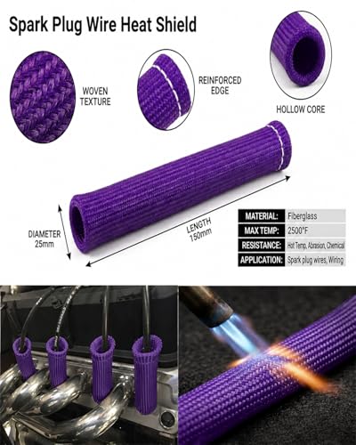 Image of Spark Plug Wire Cover Replacement - 8 PCS 2500 Spark Plug Heat Sleeve, 6 Inches Spark Plug Wire Heat Shield Boots Protector Protection for LS1 / LS2 SBC BBC 350 454 Car Truck, Purple