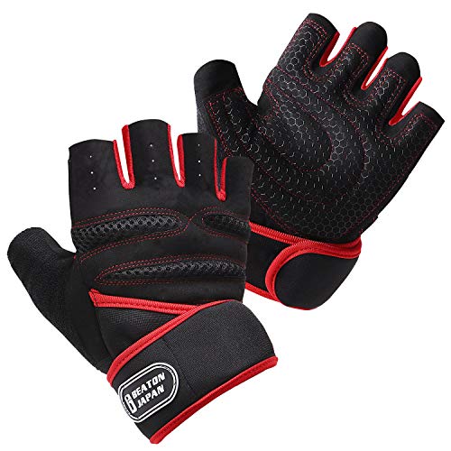 BEATONJAPAN グローブ トレーニング 筋トレ ウェイト 4色 リストラップ付 ジム (レッド, M)