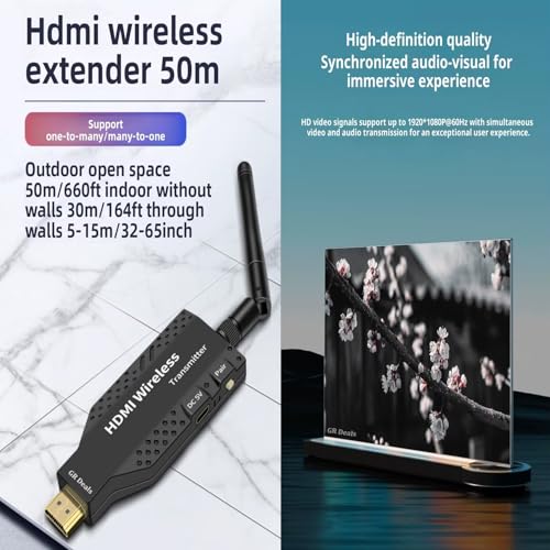 Image of GR Deals 50m 1080P Wireless HDMI Extender, 2.4 /5.8GHz, 165FT Plug and Play, Expansion of Multiple Televisions, Wireless HDMI Extender for Laptop, PC, HDTV /Projector 50 Meters. (Black)